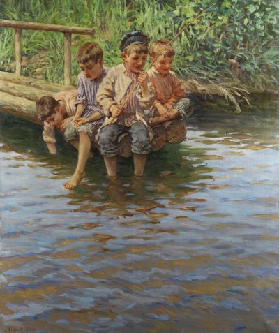 Four boys on the bank jetty while fishing av Nikolay Bogdanov-Belsky